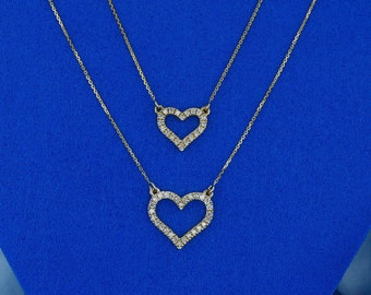 14k Solid Gold Diamond Classic Open Diamond Heart Necklace Pendant with Adjustable Chain