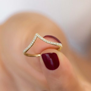 14k Solid Gold Natural Diamond Chevron "V" Shaped Stackable Ring