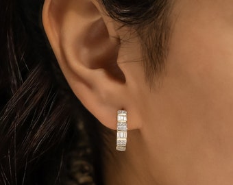 Créoles en diamants, baguette et charnière ronde, jaune 18 carats, rose, blanc, or massif, haute joaillerie à valeur sociale