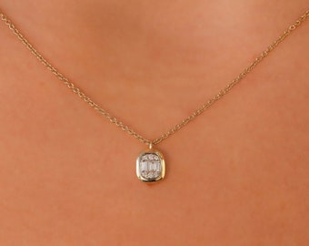 14k Gold Genuine Diamond Bezel Set Baguette Emerald Cut Look Solitaire Pendant Necklace Adjustable Length Chain Women White Yellow Rose