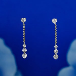 14k Solid Gold Natural Graduated Diamond Cable Chain Dangle Drop Earrings