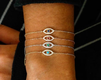 14k Solid Gold Diamond with Bezel Set Sapphire Ruby Emerald or Turquoise Bezel Set Evil Eye Adjustable Bracelet