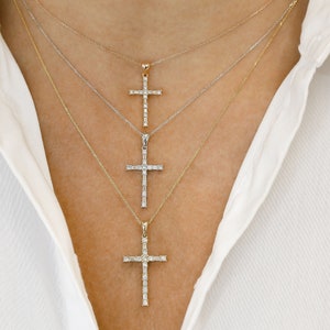 Diamond Cross Necklace, Baguette and Round Cross Pendant, 14K Solid White, Yellow and Rose Gold, with Adjustable Chain,Social Value