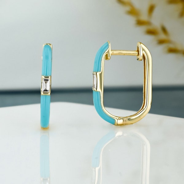 14k Solid Gold Natural Diamond Baguette Center and Turquoise Enamel Lever Back Long Hoop Earrings