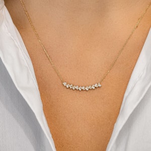 14k Solid Gold Genuine Natural Diamond Baguette and Round Curved Bar Necklace for Women