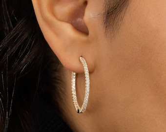 Diamond Earrings, In and Out Hoops, 14k Yellow, White, Rose Solid Gold, Social Value Fine Jewelry