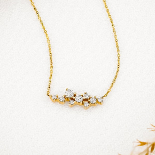 14k Solid Gold Natural Diamond Necklace Cluster Spray Small Dainty  with Adjustable Drawstring Chain