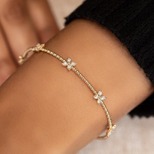 Beaded Diamond Flower Bracelet, Stackable Bangle Bracelet, Natural Diamonds, 14k Solid Gold, Yellow White Rose, Social Value
