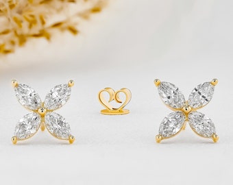 Diamond Flower Earrings, Marquise Diamond Studs, 14k Solid Yellow, White and Rose Gold, Social Value Fine Jewelry