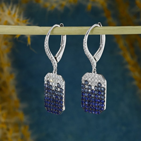 14k Solid Gold Earrings Natural Diamond and Blue or Pink Sapphire Gradient Dangling Rectangle Dog Tag