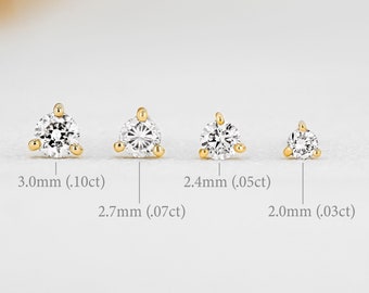 Single (Half Pair) Earring 14k Solid Gold Natural Diamond Low Profile Small Three Prong Minimalist Stud Earrings