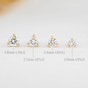 Single (Half Pair) Earring 14k Solid Gold Natural Diamond Low Profile Small Three Prong Minimalist Stud Earrings