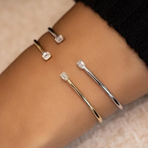 Bracciale con diamanti, bracciale rigido flessibile in oro taglio smeraldo, bracciale rigido in oro 18k, diamanti taglio smeraldo doppio, oro massiccio 18k, valore sociale