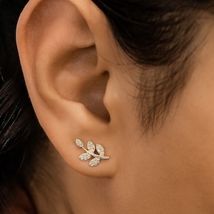 Single (Half Pair), Diamond Leaves on Branch Earring Stud, 14k White, Yellow, Rose Solid Gold, Social Value Fine Jewelry