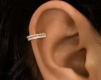 Diamond ear cuff , Round Beaded Border, Non-Pierce Earring, Single (Half Pair), 14k Solid white, yellow and rose Gold