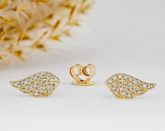 Diamond Earrings, Angel Wing Pavé Stud, Single (Half Pair), 14k Yellow, White, Rose Solid Gold, Social Value Jewelry
