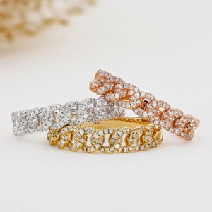 14k Solid Gold Diamond Pavé Cuban Curb Link Wedding Band Stack Ring