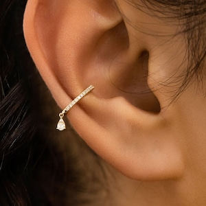Diamond Earring, Non-Pierce Cuff, Dangle Illusion Tear Drop, Single (Half Pair), 14k Solid Yellow White Rose Gold, Social Value