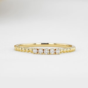 14k Solid Gold Natural Diamond Thin Beaded Stackable Ring Band