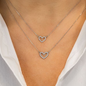 Diamond Necklace, Classic Open Heart with Adjustable Chain, 14k Yellow White Rose Solid Gold, Social Value