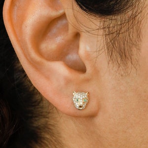 14k Solid Gold Panther Stud Earring: Diamond Pavé, Emerald Eyes (Single/Half Pair)