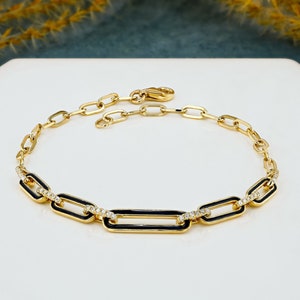 14k Gold Diamond Paper Clip Bracelet: Black Enamel Pavé Link