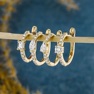Single (Half Pair) 18k Solid Gold Natural Diamond Baguette Round Marquise or Pear Center Huggy Hoop Earrings