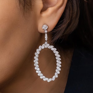 Diamond Cluster Hoop Earrings, Natural Round Diamond Cluster, Statement Halo Dangle Drop Earring, 18k Solid White Gold, Social Value
