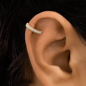 Manguito de oreja de diamante, con cuentas sin perforar, blanco de 14 k, oro sólido amarillo rosa, joyería fina de valor social