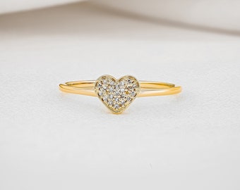 Diamond Ring, Micro-Set Pavé Heart, 14k Yellow, White, Rose Solid Gold, Social Value Jewelry