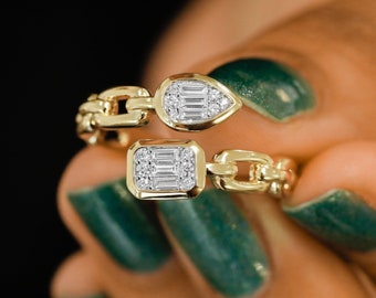 14k Solid Gold Diamond Ring: Cuban Link Bypass Band, Teardrop & Baguette Center