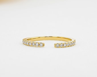 CLEARANCE SPECIAL! Natural Diamond Microset Open ring, Thin Stackable Band, 14k Solid yellow, white and rose Gold, Social Value jewelry