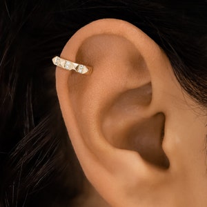 Diamond ear cuff, Single (Half Pair), Pyramid Design, Non-Pierced Earring, 14kYellow, White and Rose Solid Gold, Social Value Jewelry