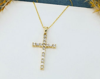 14k Solid Gold Natural Diamond Baguette and Round Cross Pendant Necklace with Adjustable Drawstring Chain