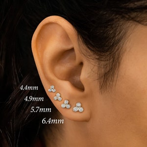 Single (Half Pair) Earring, 3 Stone Trio Bezel Set Stud, 14k Yellow, White, Rose Solid Gold, Social Value Fine Jewelry