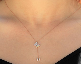 Diamond Butterfly Lariat, Drop Necklace, w/ Adjustable Length Chain, 18k White, Yellow, or Rose Gold, Social value jewelry