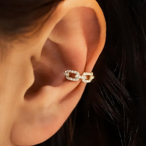 Classic Diamond Link Cuff Huggie Earrings, Natural Round Diamonds In Cuban Link Fashion, 14k Solid Gold, Yellow or White, Social Value