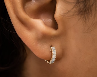 Diamond Hoop Earring, Single (Half Pair) Baguette Huggy, 18k Yellow Rose White Solid Gold, Social Value Jewelry