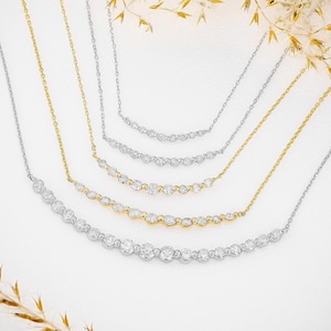 18k Solid Gold Natural Diamond Graduated Round Curve Bar Necklace with Adjustable Chain