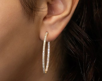 Boucles d'oreilles diamant, créoles de 1,5 po. intérieur et extérieur, blanc 14 carats, jaune, or massif rose, valeur sociale de la joaillerie