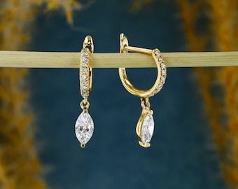 14k Gold Diamond Huggie Hoop Earring: Marquise Dangle (Single)