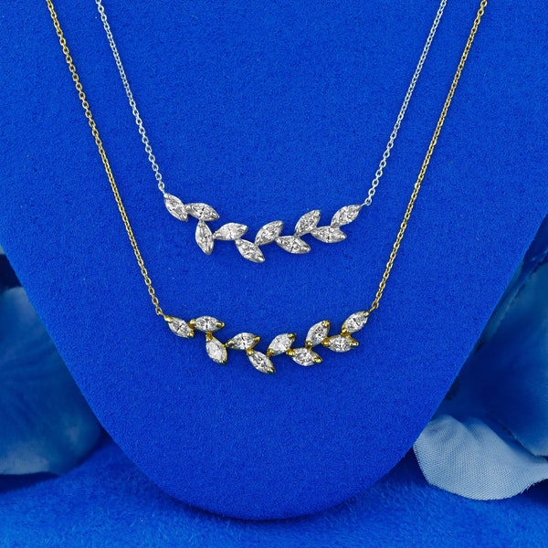 CLEARANCE SPECIAL! 18k Solid Gold Genuine Natural Marquise Diamond Leaves on Branch Necklace