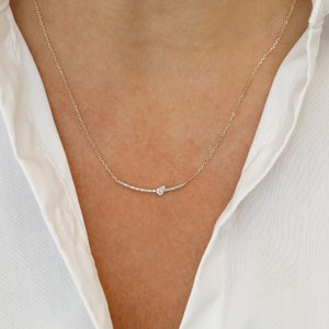14k Solid Gold Natural Diamond Crescent Curve Illusion Teardrop with Adjustable Chain Necklace