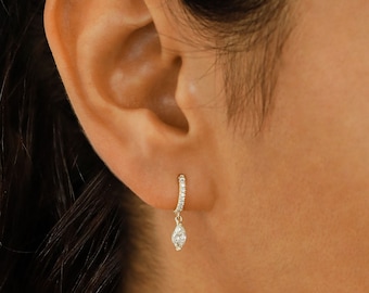 Single 14k Solid Gold Diamond Marquise Dangle Huggie Hoop Earring