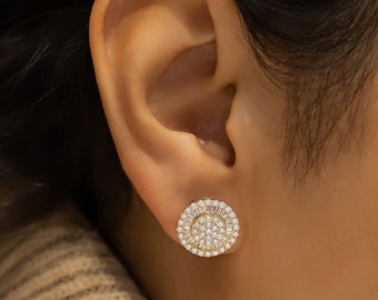 Boucles d'oreilles en diamant, clous d'oreilles en forme de baguette et en forme de coussin, bordures décoratives en grappe ronde, or massif rose 18 carats, blanc, valeur sociale
