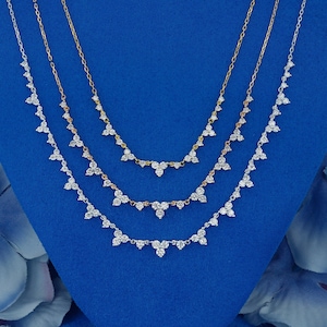 14k or 18k Solid Gold Natural Diamond Trio Cluster Minimalist Necklace with Adjustable Drawstring Chain
