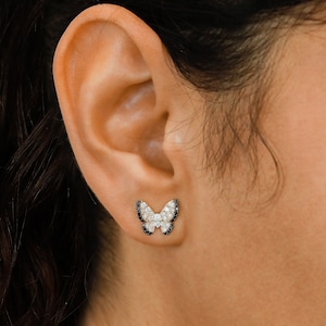 14k Solid Gold Natural Diamond Butterfly with Black Diamond Edge Earrings