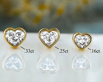 Single (Half Pair) 14k or 18k Solid Gold Natural Bezel Set Heart Shaped Diamond Stud Earrings