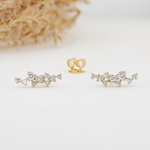 Pendiente tipo botón (medio par) de oro de 14 quilates o 18 quilates con diamantes auténticos en forma de espray, trepador de orejas, de 1/2" de largo