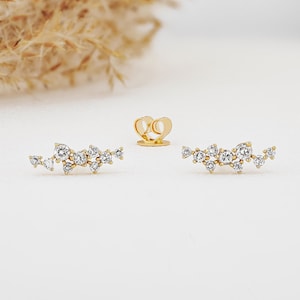 Single (Half Pair) 14K or 18k Gold Genuine Diamond Cluster Spray Ear Climber Crawler Earring Stud 1/2" Length